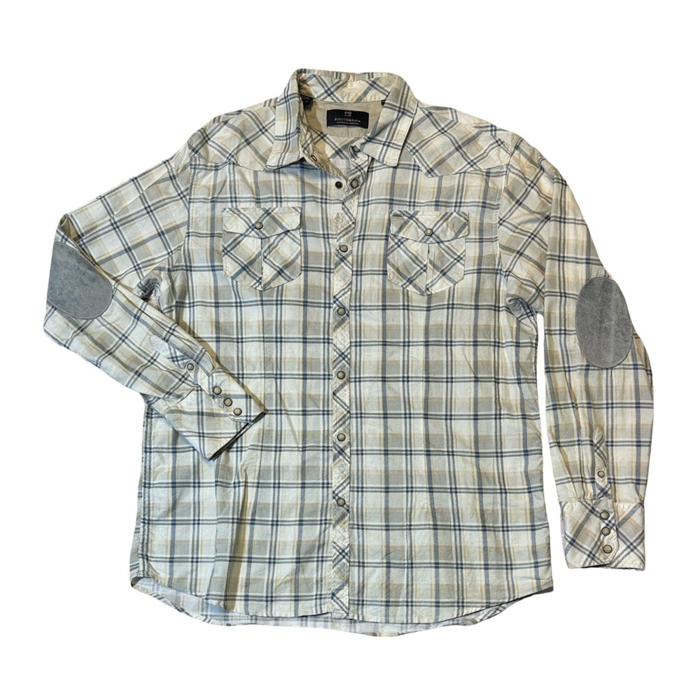 Scotch & Soda mens 2XL XXL white plaid pearl snap leather patch button up shirt